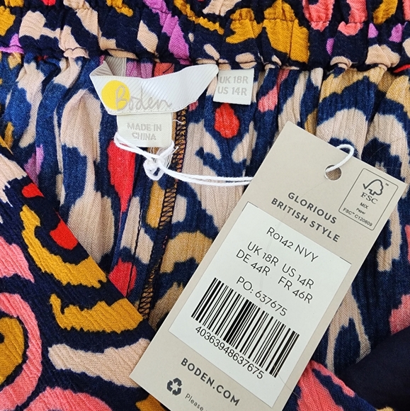 NWT Boden Grace Ikat Navy Pink Coral Crinkle Wide Leg Pull On Pants Size 14 - Picture 7 of 9
